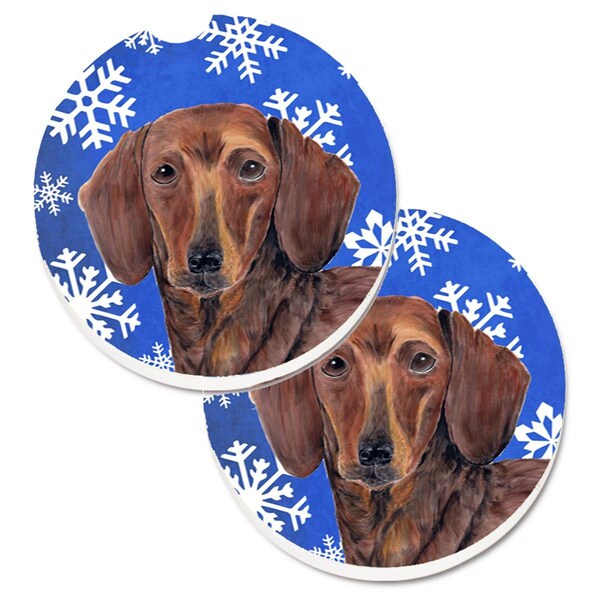 Carolines Treasures Dachshund Winter Snowflakes Holiday Set of 2 Cup Holder Car Coaster SC9368CARC - main